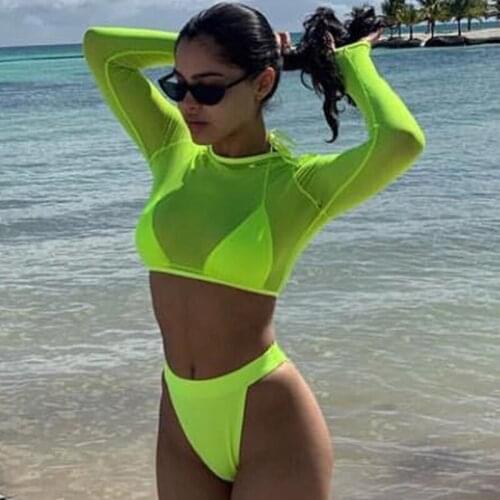 New 2020 Sexy Long sleeve Neon Bikini Women Brazilian Swimwear Female Swimsuit 3 pieces Bikini set High cut mesh Bathing Suit