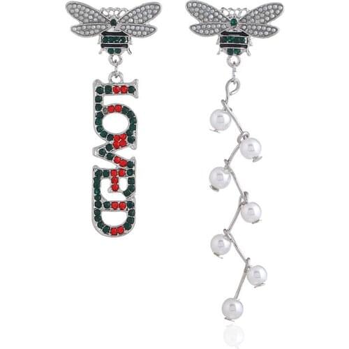 New Asymmetrical Drop Earrings Long Statement Earring Stripe Crystal Love Letter Pearls Bee Dangle Earrings for Women Party Gift