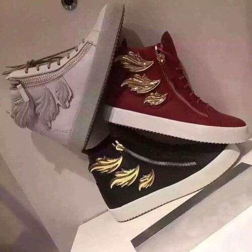 Factory Metal Plated Shiny Angle Wings Decor High Top Unisex Shoes Flame Zipper Flats Platform Sole Lace Up Women Casual Shoes