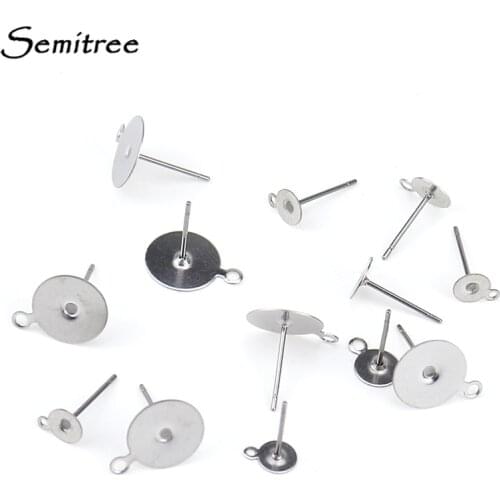 Semitree 100pcs Stainless Steel Blank Post Earrings Base with Hook Studs Pins Cabochon Settings for Diy Jewelry Earring Findings