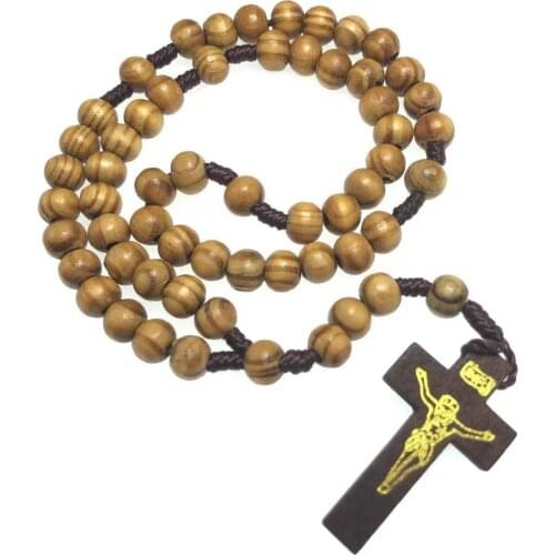 8MM natural wood color rosary necklace / cord religious rosary necklace/rope rosary /faux olive wood rosary