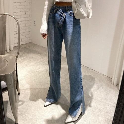 Casual Asymmetric High Waist Straight Jeans for Women Side Split Denim Blue Jeans Trousers Female Long Pantalon Femme