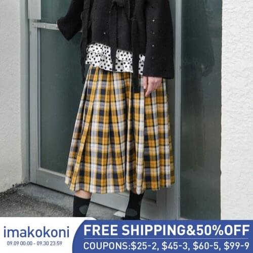 Imakokoni yellow plaid skirt original design wild lady elegant long female spring and autumn 182554