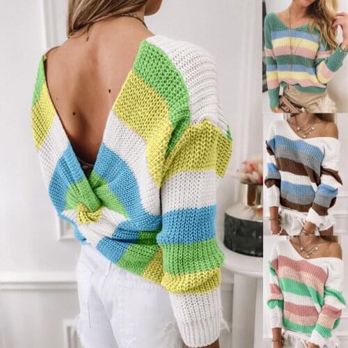 New knitted sexy Sweater women pullovers 2021 winter fashion women sexy halter cross color matching V-neck woolen sweater top