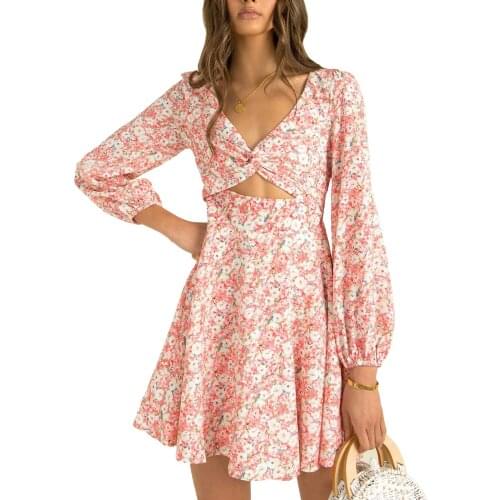 Women Floral Print Mini Dress Long Sleeve V-neck Hollow Out High Waist Short Knot Dress
