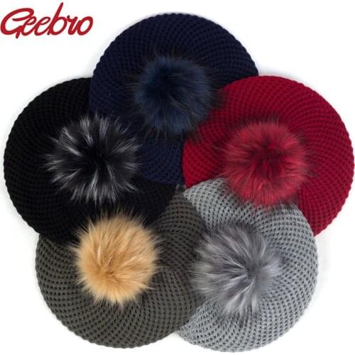 Geebro Women Double Layer Berets Hat Winter Casual Knitted Wool Berets With Faux Fur Pompon Ladies Solid Color Beret Hats
