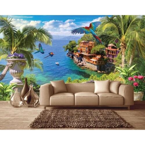 CJSIR Custom Wallpaper Murals Blue Coast Coconut Tree Floral Flying Birds Mediterranean Background 3d Wallpaper Papel Mural