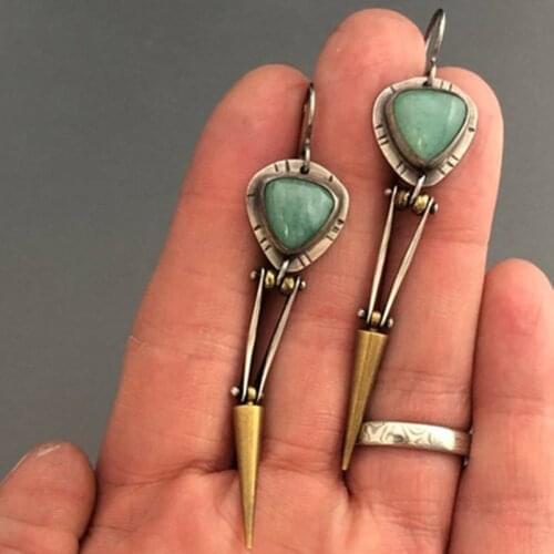 Gypsy Tribal Natural Triangle Green Stone Earrings Indian Jewelry Cone Metal Statement Hook Dangle Earrings for Women