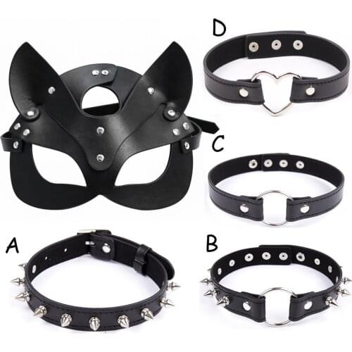 Fetish Head Mask Collar Whip PU Leather Cat Halloween Mask BDSM Bondage RestraintsRoleplay Sex Toy For Men Women Cosplay Games