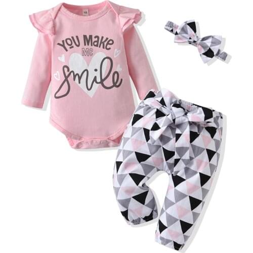 Newborn Birth Baby Girls Clothing Sets Printed Fly Sleeve Triangle Romper and Pants With Bow Bandana Set Infant Toddler Clothes