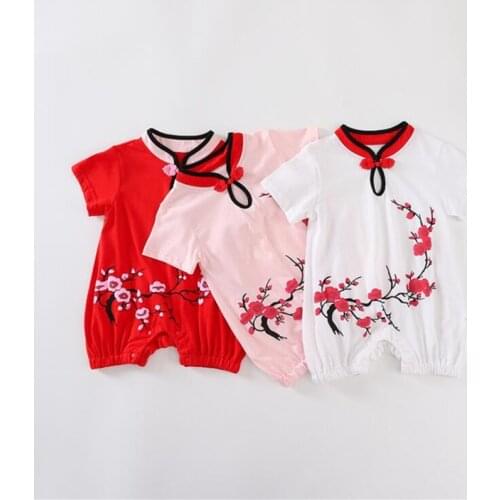 Newborn Baby Girls Chinese Style One-piece Romper for Kids Plum Blossom Print Cheongsam Jumpsuit Clothing 4-20M