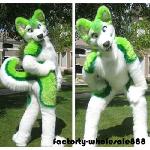 Green Husky Dog Fox Fursuit Furry Mascot Costume Suits Long Fur Adult Party Cosplay Game Dress Outdoor Outfit Birthday Party