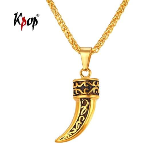 Kpop Woof Tooth Necklace Punk Rock Statement Jewelry Yellow Gold Stainless Steel Animal Tooth Pendant Necklace for Men P1885