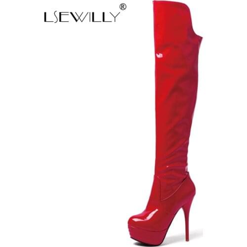 Lsewilly 2021 Over The Knee Women Boots Platform PU Patent Leather Zipper Women Shoes Autumn Winter Sexy Thin High Heels Size 46