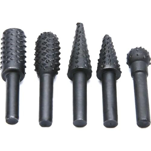 Mayitr 5pcs Black Rotary Rasp Tools 1/4'' 6mm Shank Steel Wood Milling Burrs Cutter Set Rotary Burrs Set For Woodworking
