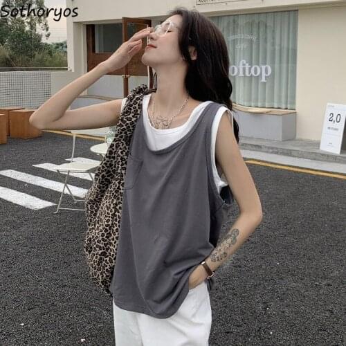 Fake-two Pieces Tank Tops Women Baggy Unisex BF Cargo Patchwork Sleeveless Basic Tees Female Workout Chic Designer High Street