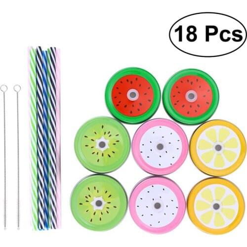 Metal Decorative Regular Mouth Mason Jar Lids with Straw Hole with 8 Decoration Lids 8 Striped Plastic Straw Set 2 Straw Wrench