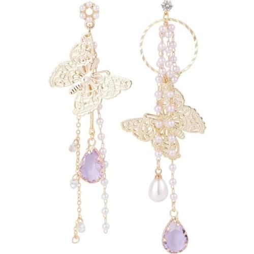 Fashion Women Gold Color Rhinestone Butterfly Purple Crystal Long Tassel Drop Dangle Earrings Jewelry for Girls Gift Accessories