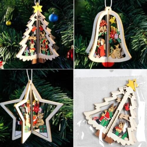 3D Wooden Christmas Decoration Xmas Tree Pendant Embellishments Hanging Home Party Bauble Decoration Drop Ornaments