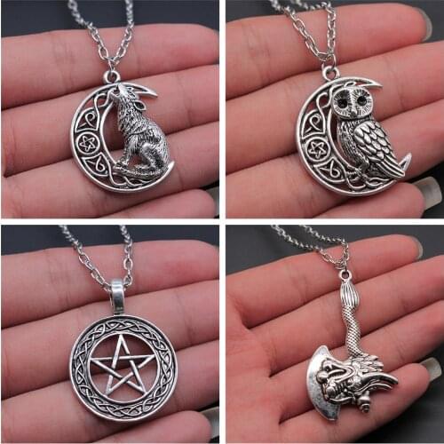 Nordic Dragon Ax Pendant Necklace Nordic Symbol Owl Pendant Necklace Antique Silver Color Vintage Jewelry Gift For Women Men
