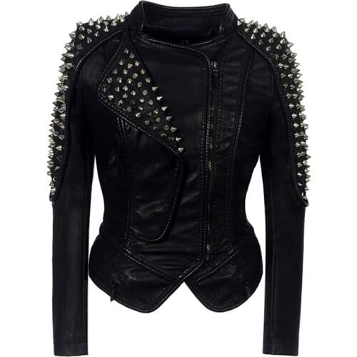 Faux Leather Coat Outwear Punk Female Punk Rivet Faux Leather Pu Jacket Women Fashion Rose Winter Autumnmotorcycle Jacket Black