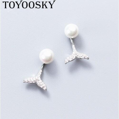 TOYOOSKY s925 Sterling Silver Pearl Earring Trendy Clear Cubic Zirconia Fish Tail Stud Earrings For Contracted Fashion