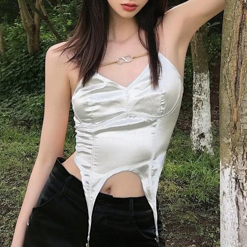 Summer Solid Bandage White Crop Top Women Straps V Neck Cami Ladies Backless Bustier Sexy Top Zipper Triangle Hem Tops