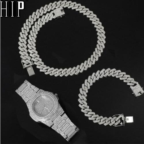Hip Hop 13.5MM 3PCS KIT Heavy Watch+Prong Cuban Necklace+Bracelet Bling Crystal AAA+ Iced Out Rhinestones Chains For Men Jewelry