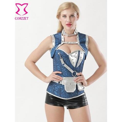 Vintage Steampunk Corset Steel Bone Floral Jacquard Blue Corpetes E Corselet Plus Size Sexy Corsets And Bustiers Gothic Clothing