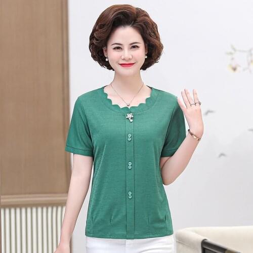 5XL Middle Age Women Ladies Clothing Tops Short Sleeve T Shirts Casual Loose Female Woman Clothes Plus Size Pullover