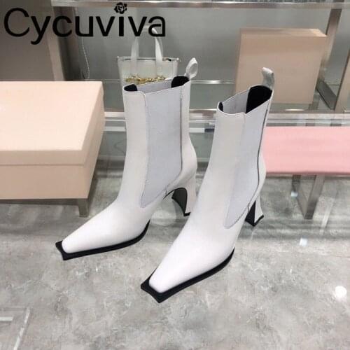 Designer Strange Heel Modern Boots For Women Slip On Square Toe Short Boots Black White Chelsea Boots Female Botas Women Shoes