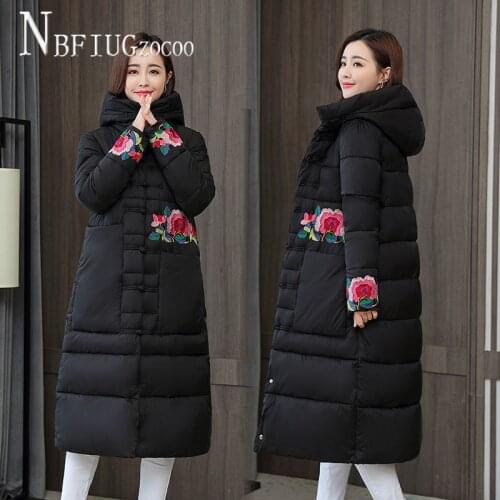 Ethnic Embroidery Flower Women Parkas Long Style Retro 2020 Winter New Female Jacket
