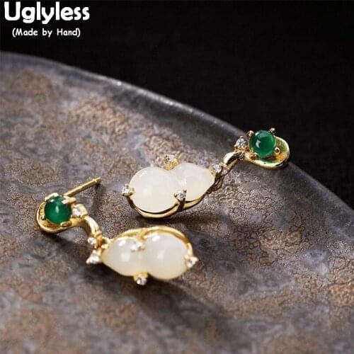Uglyless 100% Real 925 Sterling Silver Gourd Earrings for Women Natural Jade Gemstones Fine Jewelry Chalcedony Earrings Gold