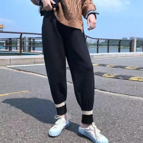 Women Knitted Harem Pants Black Plus Size Capri-Pants Wide Leg Pants Womens Winter Loose Vintage Streetwear Women Bottoms Pants