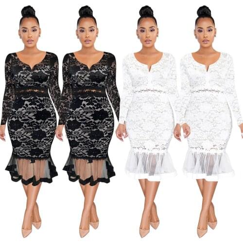 SUJYing Autumn Womens Sexy Long Sleeve Small V-Neck Long Sleeve Lace Fishtail Skirt Perspective Dress