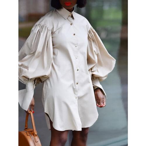 Women Shirt Dress Button Up Long Big Lantern Sleeves Casual Fashion Summer Female 2021 Plus Size Ladies Short Robes Vestidos New