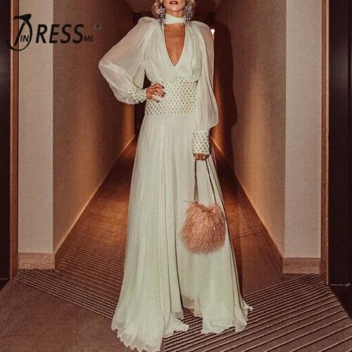 INDRESSME 2019 New Plunging Neckline Mesh Mexi Dress Refined-waist Embellished Party