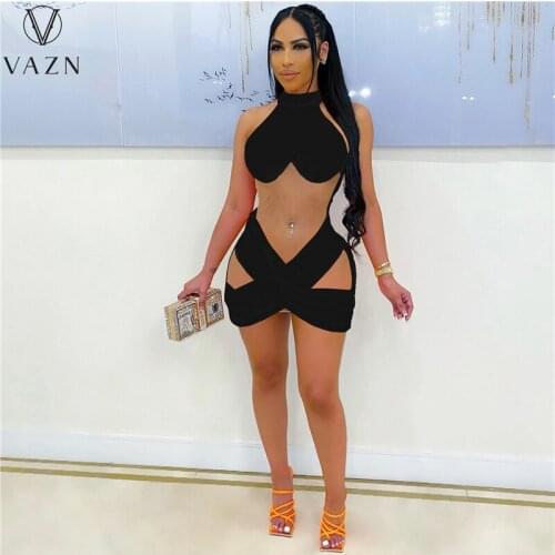 VAZN 2021 Solid Irregular Spaghetti Strap Shinny Night Party Shinny Slim Mini Dress Sleeveless Bandgae Dress