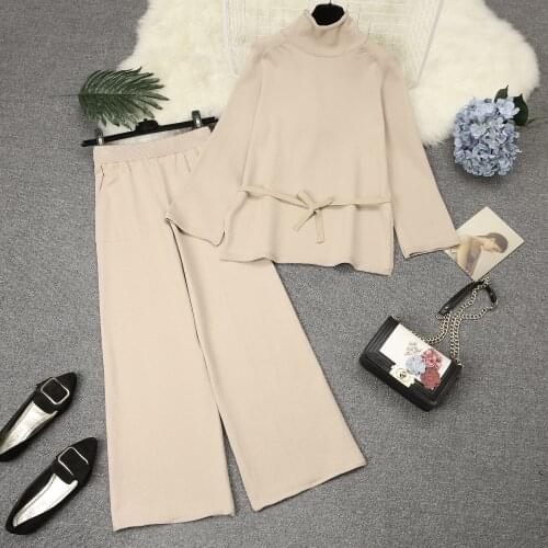 Amolapha Women Solid Knit Pullover Sweaters+Pants Sets Autumn Winter Woman Fashion Jumper Tops Trousers Costumes Outfits