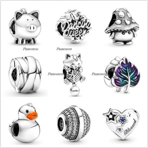 Authentic 925 Sterling Silver Vintage Mushroom House Line Cat Charms Bead Fit Pandora Bracelet & Necklace Jewelry