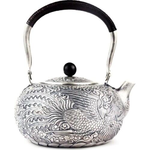 Pure silver Kung Fu tea set, manual production pure silver 999 do old burn water kettle mention beam pot, office gift collection