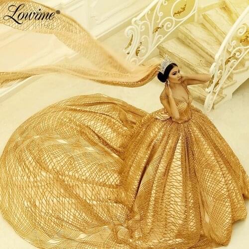 Luxury Gold Glitter Long Prom Dresses V Neck Dubai Princess Party Gowns 2021 Couture Backless Formal Arabic Muslim Evening Dress