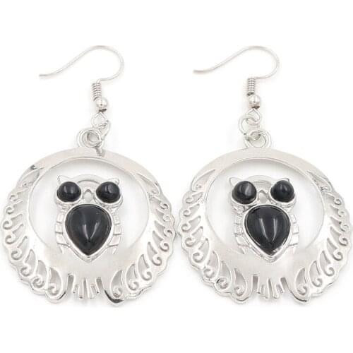 Round Hollow Wisdom Owl Silver Plated Black Agates Drop Earrings Tiger Eye Stone Jewelry