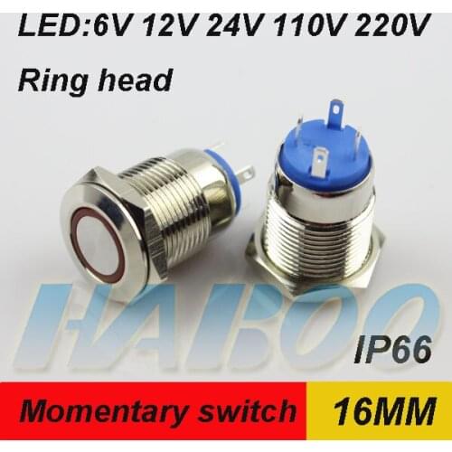 1PCS 16mm anti-vandal metal push button switch 1NO led switch light 24V 220V momentary 4pins waterproof IP66 shipping free