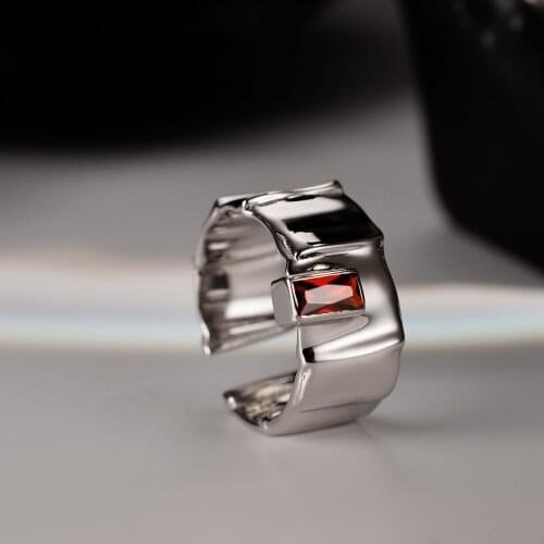 MLKENLY Fashion 100% S925 Sterling Silver Irregular Finger women Ring Smooth Geometric Red Zircon punk Ring Fine Jewelry