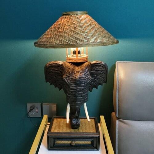 Thailand Elephant Head Table Lamp Southeast Asia Wood Carving Desk Lamp Bedroom Lamp Bamboo Hand-woven Decoration Table Lights