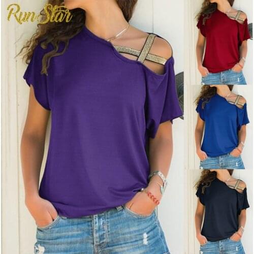 New Women Skew Neck T-Shirt Irregular Criss Cross Summer Short Sleeves Sexy Off Shoulder Tops One Shoulder Shirt Female Clothing