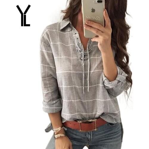 YL Brand New Women Shirt Spring 2017 Autumn Casual Loose Plaid Shirt Top Girl Shirt Female Newest Bandage Long Sleeve T-shirt