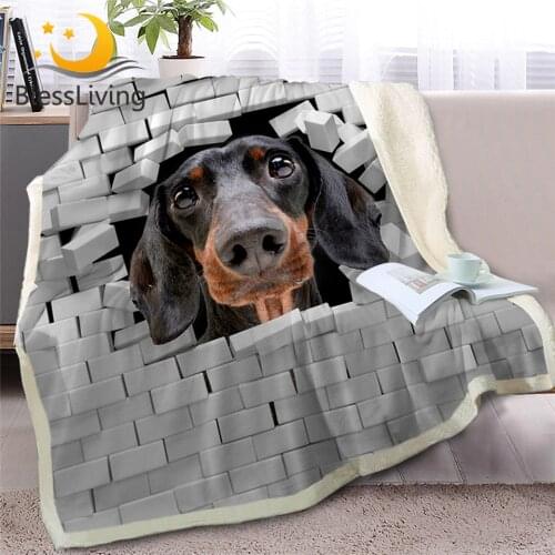 BlessLiving Dachshund Throw Blanket on Bed 3D Animal Dog Plush Sherpa Blanket Bulldog Bedspread Cracked Bricks Wall Thin Quilt