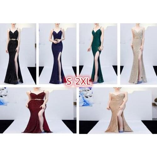 Sexy Sequined Robe De Soiree 2021 V-Neck Sleeveless Backless Mermaid Long Robe Side Slit Off Shoulder Party Dress